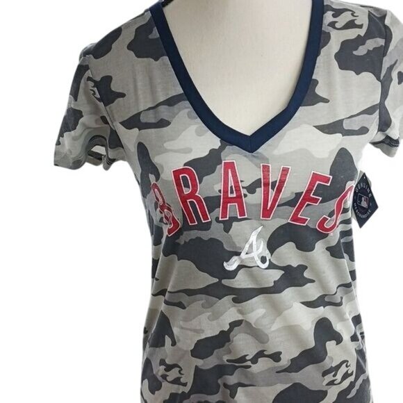MLB Womens Atlanta Braves Camo V Neck Short Sleeve T Shirt Baseball Tee - Picture 3 of 10